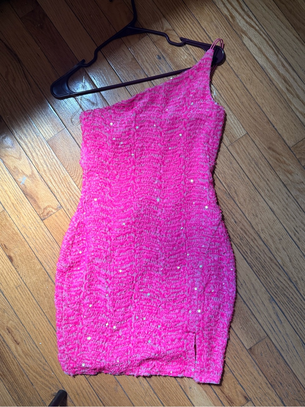 Crystal Doll One-Shoulder Hot Pink Sequin Knit Dress